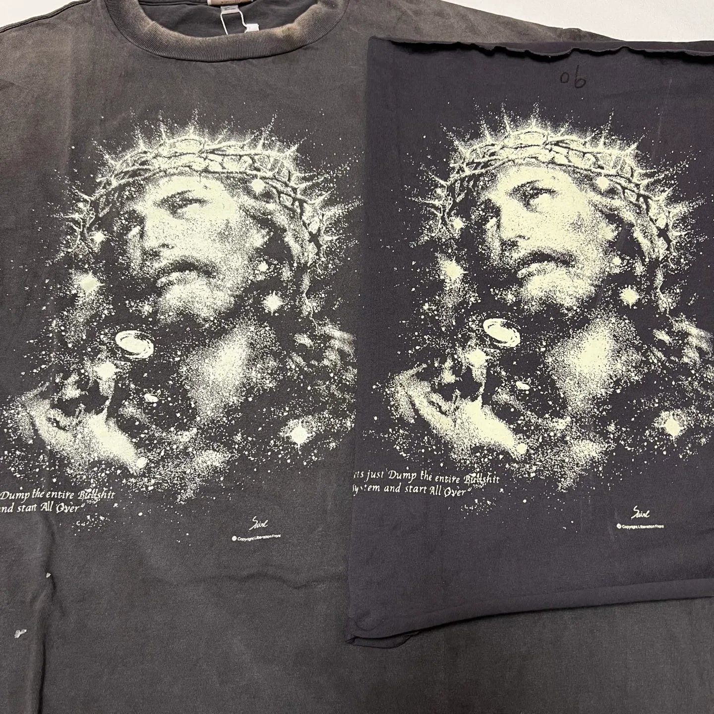 Printing proofing, luminous effect SAINT Mxxxxxx SS TEE/JESUS/BLK Luminous Jesus of Thorns, washed black S-XL, vulcanized garment dyeing, heavy washing, spray fading, simulating natural fading texture, creating ceiling new vintage effect, environmentally friendly luminous paste imported from Japan, significant luminous effect, tube-woven OE yarn fabric, correct accessories, top purchasing agent level